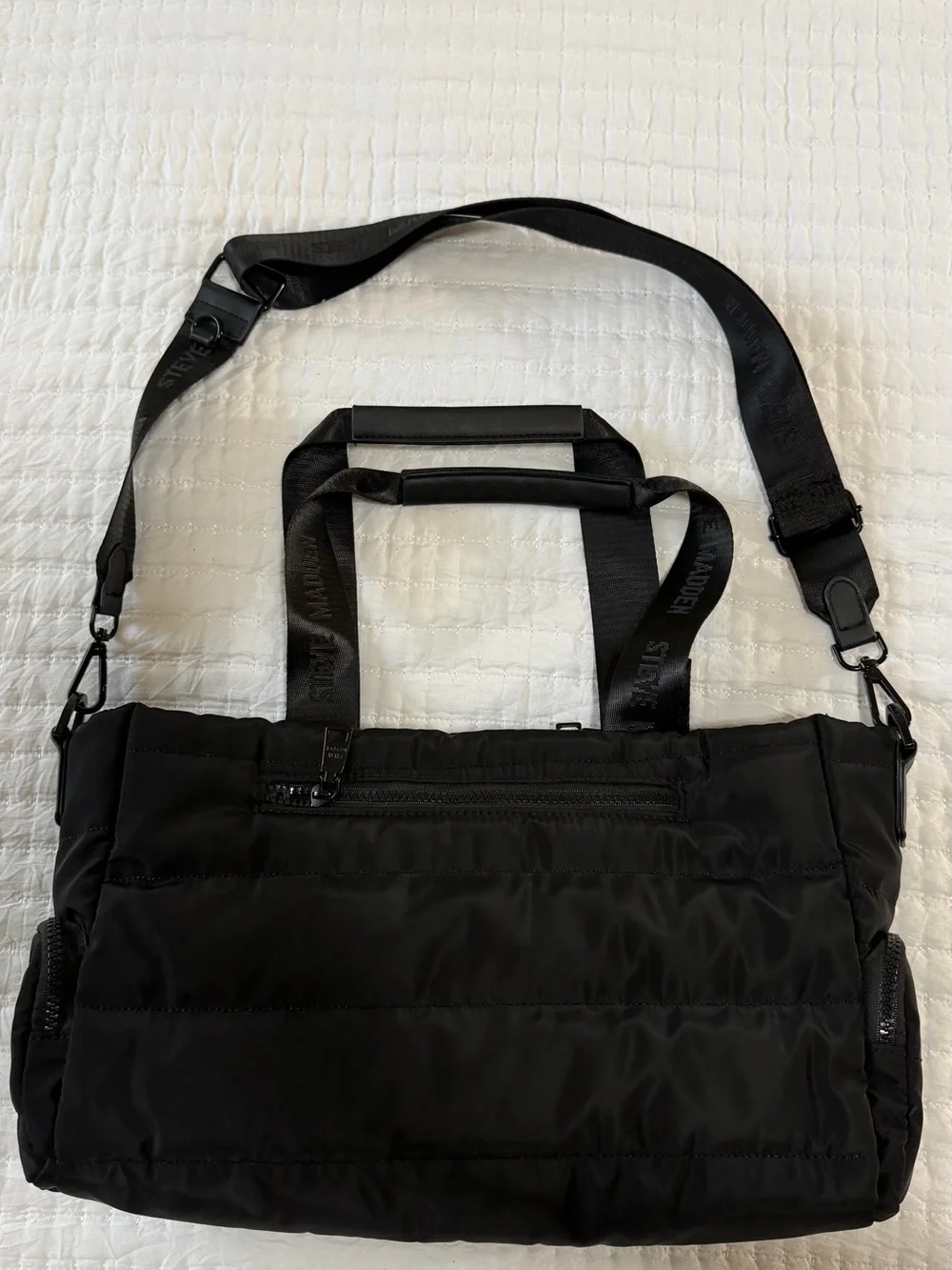 Steve Madden Black Quilted Crossbody Tote with SM Logo